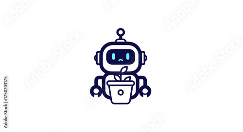 Sad robot holds a plant in pot