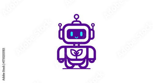 Smiling purple robot with plant symbol on chest, against a white background