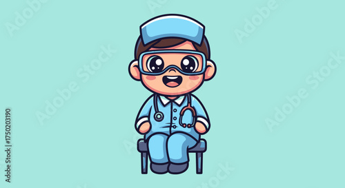 Cute cartoon nurse with goggles sits on a chair