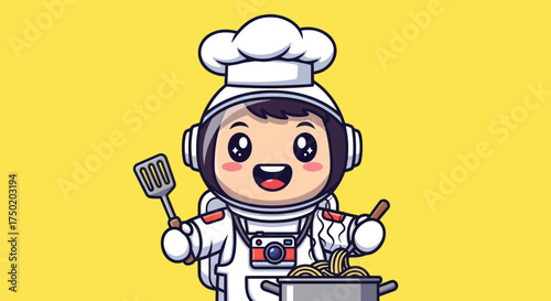 Cartoon astronaut chef cooks pasta
