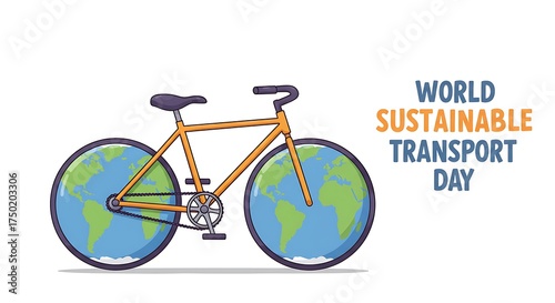 Illustration of a bicycle with Earth globes as wheels, promoting World Sustainable Transport Day on a white background.