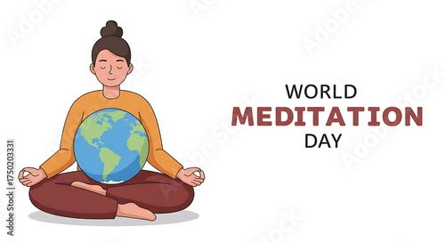 World Meditation Day illustration with a person meditating in lotus position and holding a globe.