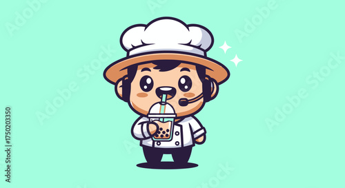 Cartoon chef drinking bubble tea