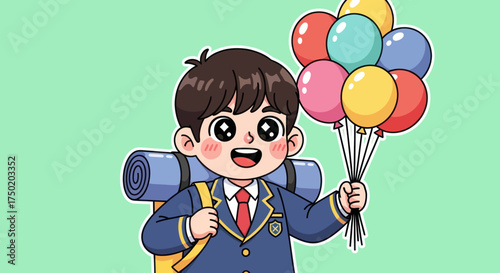 Smiling cartoon schoolboy with backpack and balloons on a light green background