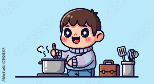 Cartoon child stirring a pot, kitchen utensils and bag nearby