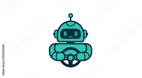 Teal robot driving a wheel with a simple face