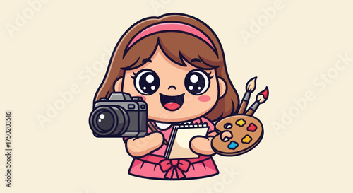 Cute artist girl with camera, sketchbook, and palette