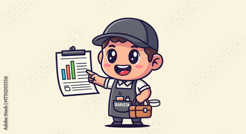 Cartoon barista in cap & apron points to data chart on clipboard