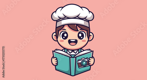 Cartoon chef smiling, holding book with camera picture