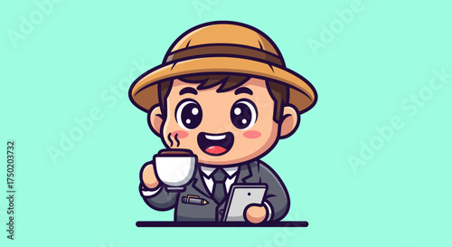 Cartoon man in a pith helmet drinking coffee