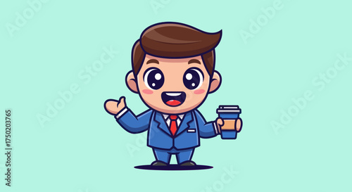 Cartoon figure of a happy businessman with a coffee cup