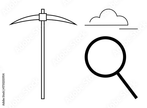 Pickaxe, magnifying glass, and abstract cloud represent research, exploration, data mining, technology, investigation, and discovery. Ideal for innovation search analysis tech or data themes