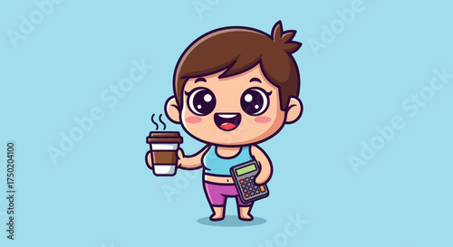 Cartoon of girl with coffee and calculator against a solid blue background
