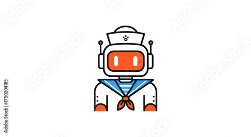Sailor robot, white square head, orange eyes, sailor's knot, antennas