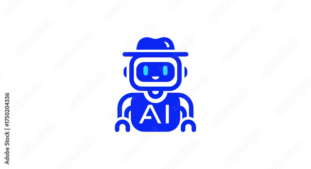 Fototapeta premium Blue cartoon robot icon with hat and 'AI' on chest