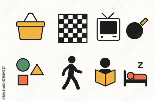 Minimalist flat design icon set of daily life activities shopping, chess, TV, shapes, walking, reading, sleeping   