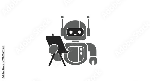 Gray robot holding a clipboard and a pen, with two antennae