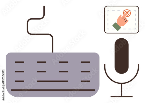 Keyboard, microphone, and hand tapping touchscreen depict digital input options. Ideal for technology, communication, accessibility, user interaction, digital tools, online learning modern