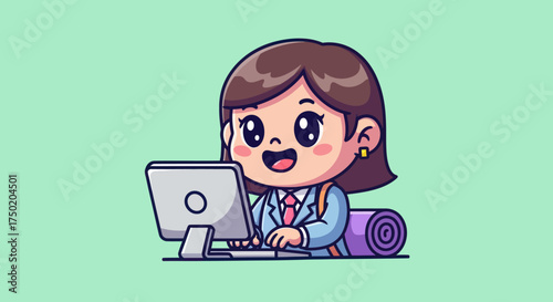 Animated businesswoman working at computer with yoga mat