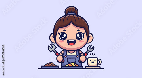 Cartoon woman with tools poses behind food and steaming drink