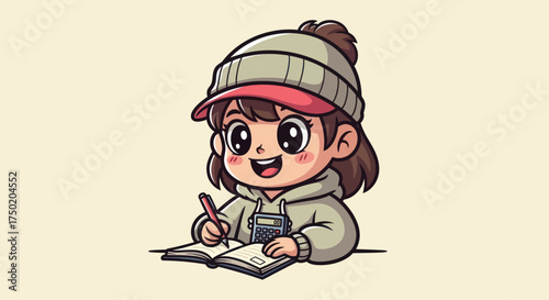 Cartoon girl in hat writing with pen, wearing calculator hoodie