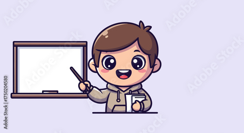 Cartoon boy presenting beside a whiteboard with papers