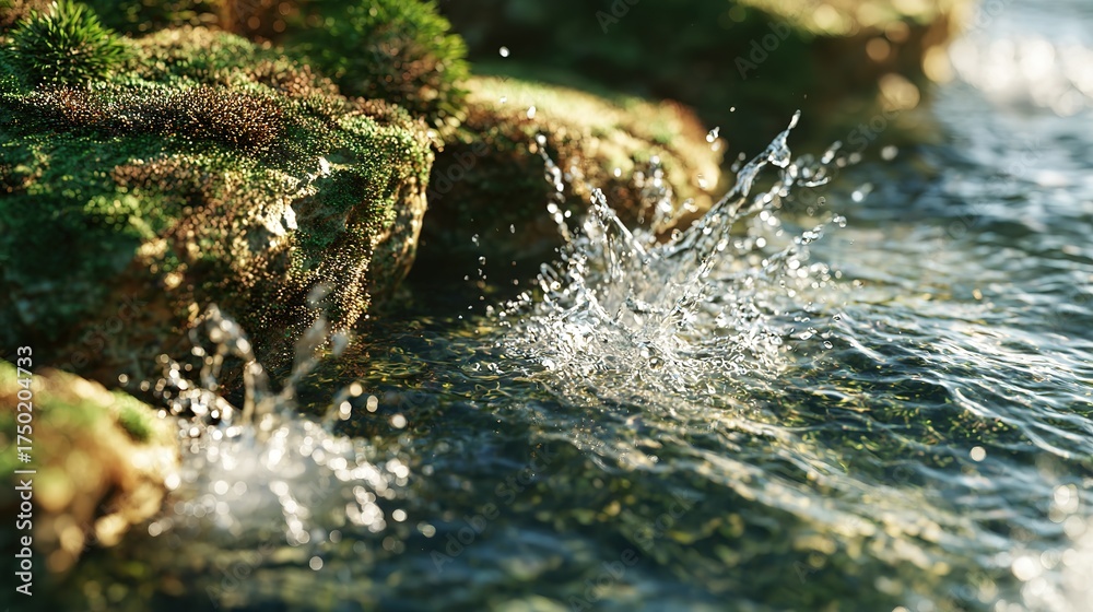 Fototapeta premium Versatile forest stream HD asset with realistic water motion and moss detail