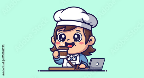 Cartoon chef drinks coffee, laptop near