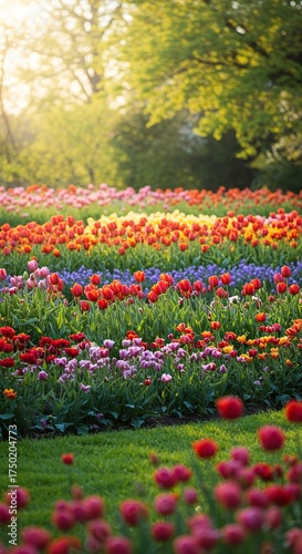 A tranquil and picturesque garden overflowing with a colorful array of blooming flowers under soft sunlight, creating a peaceful natural sanctuary ,serene ,peaceful ,blossom