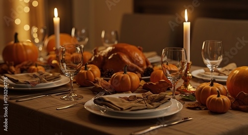 A beautifully arranged Thanksgiving table, bathed in warm, soft light, showcasing autumn harvest bounty and a serene, inviting atmosphere ,festive ,gourds ,calm