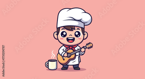Cartoon chef playing guitar with coffee on pink background