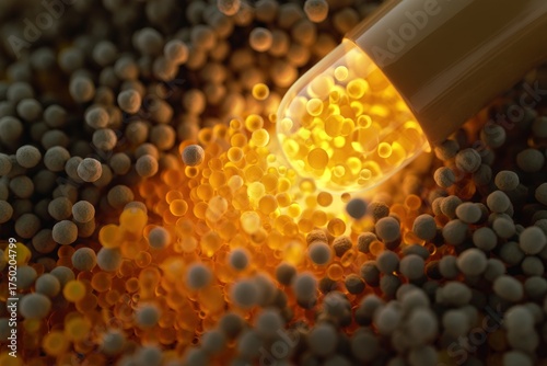 Extreme close-up of a medical capsule releasing its glowing active ingredient particles to target and interact with surrounding cells
