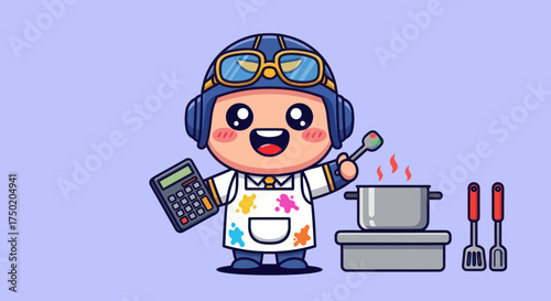 Cartoon pilot-chef calculates as pot simmers