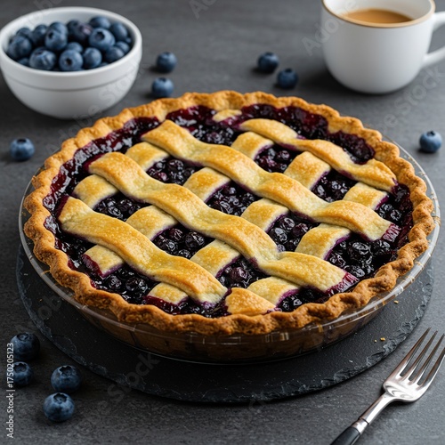 Delicious homemade blueberry pie, generously filled with sweet berries and featuring a beautiful golden lattice crust, cooling ,blueberry ,fresh ,American