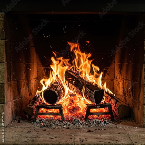Crackling logs burn brightly in a rustic stone hearth, emanating comforting warmth and a serene glow, perfect for quiet evenings ,serene ,close-up ,embers