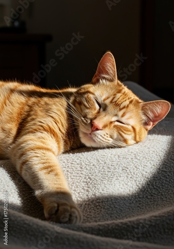 A beautiful ginger cat is peacefully napping on a soft blanket, fully relaxed in a sunbeam, radiating tranquility and comfort ,fur ,companion ,tranquil
