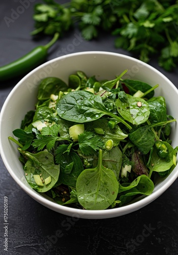 Vibrant, fresh green salad with a variety of leafy vegetables, herbs, and other wholesome ingredients. Perfect for healthy eating ,bowl ,herbs ,avocado