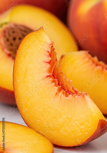 Vibrant, juicy peach segment, perfectly ripe and sweet, showcasing its soft texture and natural golden-orange color. Ideal for healthy eating ,bright ,dessert ,healthy lifestyle