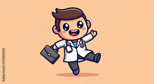 Cheerful cartoon doctor holding briefcase, smiling widely, mid-leap