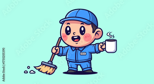Cartoon cleaner holds coffee, broom, against light blue background