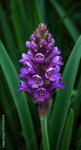 A stunning purple blossom captivates with its rich hue and intricate structure, emerging from lush green foliage in a natural garden setting ,natural light ,outdoors ,plant