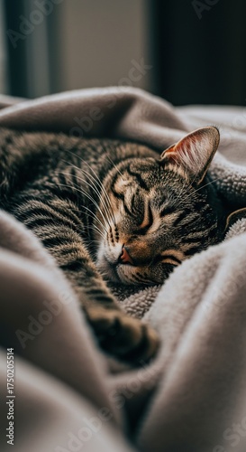 A serene domestic cat enjoys a peaceful afternoon nap, curled up in a soft blanket, exuding ultimate comfort and tranquility ,peaceful ,whiskered ,resting