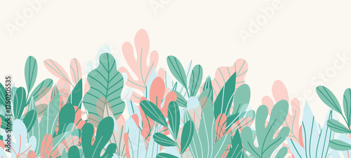 Floral web banner with drawn color exotic leaves. Nature concept design. Modern floral compositions with summer branches. Vector illustration on the theme of ecology, natura, environment.