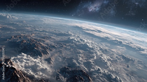Spectacular view of a planet from space showing mountains and clouds