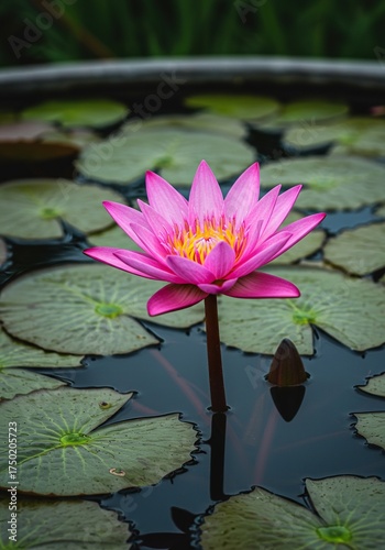Vibrant pink lotus flower gracefully blooms on still water, symbolizing purity, beauty, and spiritual growth. A tranquil natural setting ,vibrant ,flora ,delicate