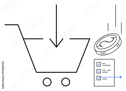 Shopping cart with downward arrow, checklist, and coin highlights purchasing, e-commerce, transaction simplicity. Ideal for online shopping, retail strategy, budgeting, financial planning inventory