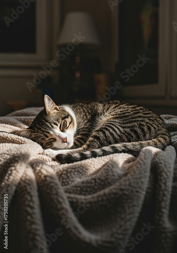 A contented domestic cat luxuriates, curled up snugly on a plush, warm blanket, enjoying a peaceful nap in a sun-drenched, cozy home environment ,relaxation ,soft ,comfort item