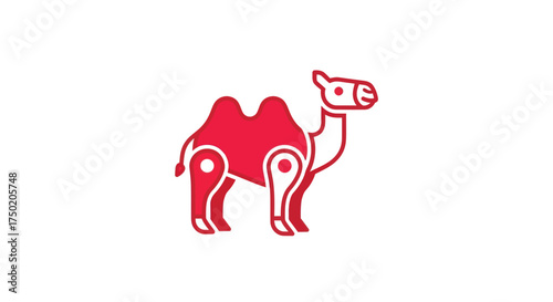 Stylized camel with red body and white accents on a white background