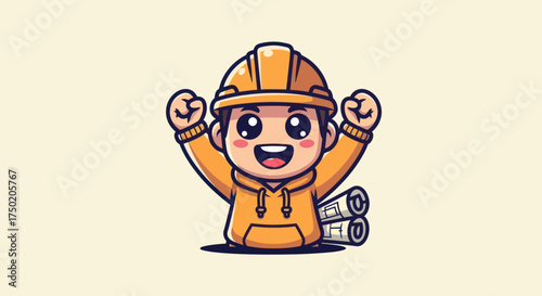 Cheerful cartoon construction worker with blueprints