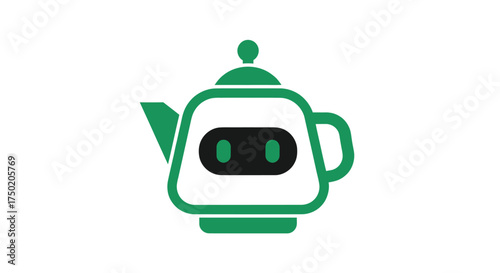 Green & white teapot with robot face on a white background